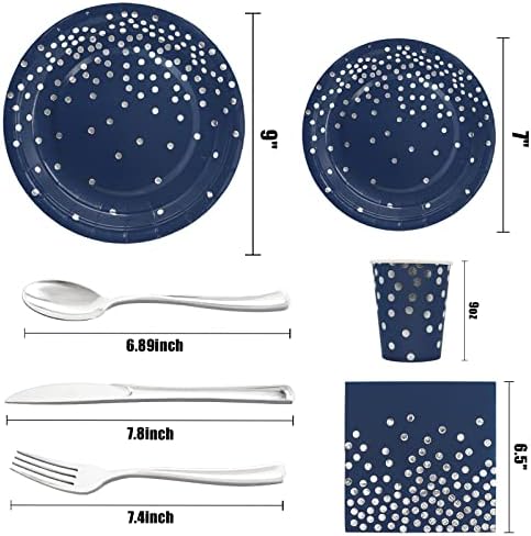 168Pcs Navy Blue Plates and Napkins Party Supplies, Navy Blue Paper Plates Serve 24, blue and Silver Party Decorations, for Fathers Day, Graduation, 4th of July, Hanukkah Party - Image 2