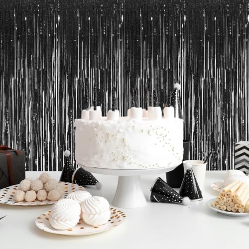 5 Pack Black Foil Curtain Backdrop 3.2ft x 9.8ft Metallic Tinsel Foil Fringe Curtains Streamer Photo Booth Backdrop for Birthday Party Engagement Bachelorette Party Decorations - Sparkle Black - Image 6