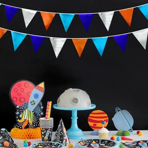Orange Blue Silver Party Decorations Metallic Fabric Triangle Pennant Banner Flag Bunting Garland for Space Theme Birthday Wedding Bridal Shower Baby Shower Engagement Graduation Party Supplies - Image 4