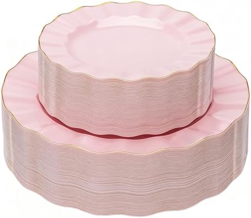 120PCS Pink Plastic Plates, Wavy Plates with Gold Rim by QualQuot