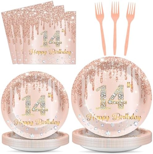 96 Pcs Rose Gold 14th Birthday Party Plates and Napkins for Girls Rose Gold Party Supplies Pink Happy 14 Years Birthday Party Tableware Set for 24 Guests Party Decorations by CHUNNIN