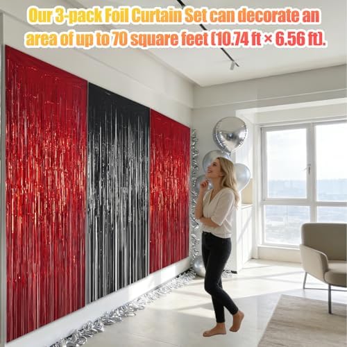 3 Pack 3.28ft x 6.56ft Red&Black Metallic Tinsel Foil Fringe Curtains, Photo Booth Backdrop Party Decorations for Birthday Wedding Baby Shower Graduation Bachelorette New Years - Image 3