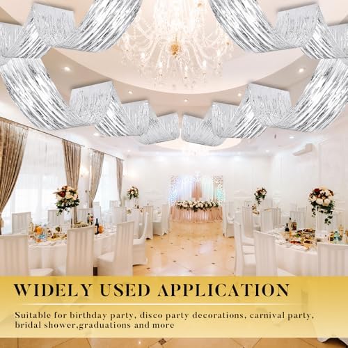 Breling 8 Pcs Silver Ceiling Fringe Curtains, Metallic Foil Drapes, 15 ft - Image 4