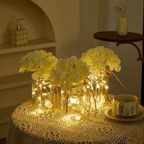 6 Sets Hydrangea Mason Jar Centerpiece with LED Lights for Wedding - Image 5