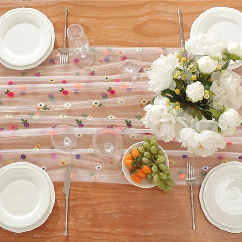 3pcs White Embroidery Daisy Fall Table Runner 10ft Florals Seasonal Tulle Table Runner Holiday Kitchen Dining Table Decoration for Home Party Indoor - Image 3