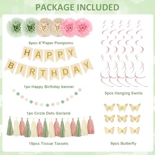Pink and Green Birthday Decorations Women Girls Happy Birthday Supplies - Image 2