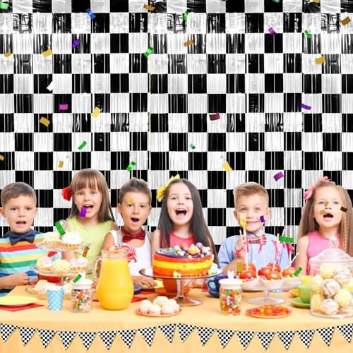 6 Pack 3.3Ft x 6.6Ft Race Car Checkered Foil Fringe Curtain Backdrop Decorations, Black White Metallic Tinsel Foil Streamers Curtain Photo Booth for Race Car One Happy Dude Birthday Party Decorations - Image 6