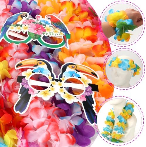 Atonofun 80 PCS Leis for Luau Party Decorations- Hawaiian Leis Bulk, Luau Party Glasses, Colorful Bracelets, Flower Headbands for Adults Tropical Birthday Summer Beach Luau Party Favors Supplies - Image 4