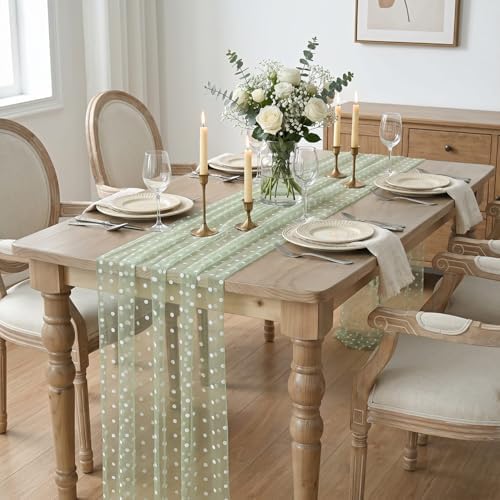 Artoid Mode Sage Green Gauze Flocking White Dots Table Runner 10FT,Spring Sheer Dining Table Decor for Wedding Anniversary Holiday Birthday Home Party - Image 3