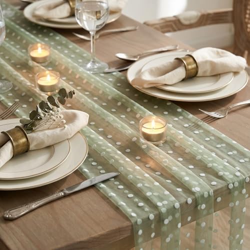 Artoid Mode Sage Green Gauze Flocking White Dots Table Runner 10FT,Spring Sheer Dining Table Decor for Wedding Anniversary Holiday Birthday Home Party - Image 6