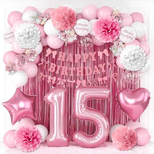 15th Birthday Decorations Girls Pink Number 15 Balloon Bow Coquette Party by KAINSY