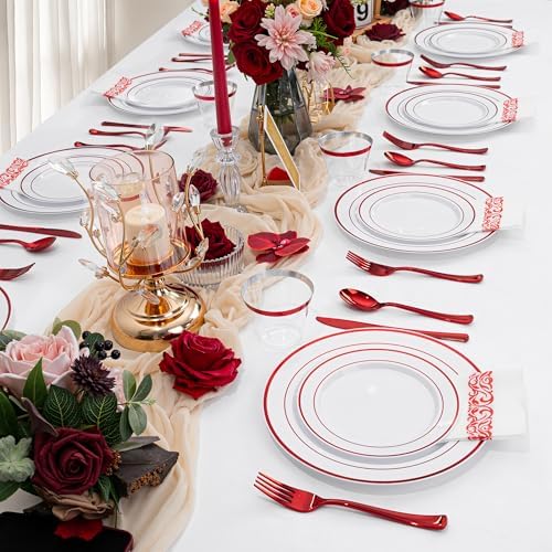 WELLIFE 700 Pcs Red Plastic Plates for 100 Guests - Plastic Dinnerware Set,Party Supplies Includes 200 Red Disposable Plates,300 Silverware,100 Napkins,100 Cups,Valentines Plates - Image 7