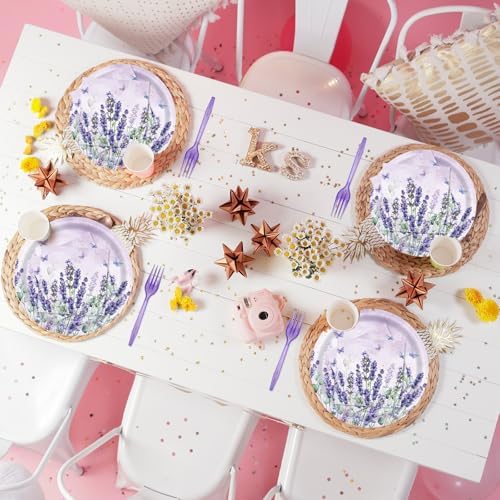 96Pcs Lavender Party Supplies Lavender Paper Plates Napkins Watercolor Blooming Floral Cake Dessert Butterfly Birthday Floral Tableware for Birthday Wedding Picnic Baby Shower Decorations | 24 Guests - Image 4