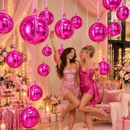 Hot Pink Round Foil Balloons, 12PCS Different Sizes Magenta 4D Balloons - Image 6