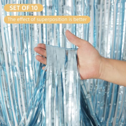 10 Pack Light Blue Foil Curtain Backdrop 3.2ft x 9.8ft Metallic Tinsel Foil Fringe Curtains Streamer Backdrop for Birthday Party Halloween Christmas New Year Party Supply (Matte Light Blue) - Image 2