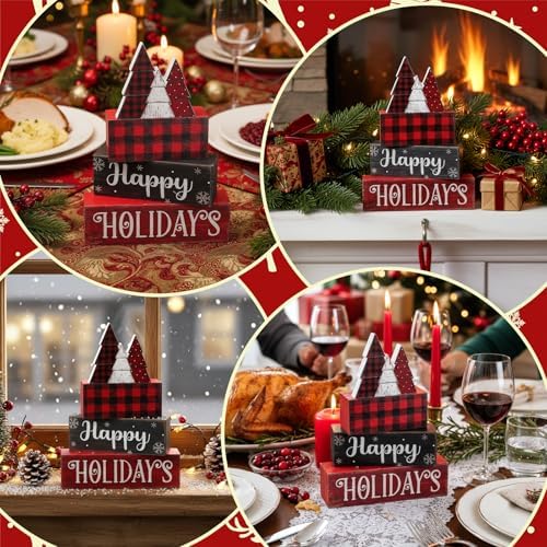 Moucuny 4 Pcs Wooden Block Signs Buffalo Plaid Holiday Farmhouse Decor - Image 5
