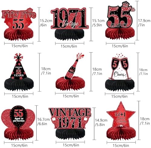 9Pcs 55th Birthday Decorations Red and Black 55th Birthday Party Decorations for Women,Happy 55 Years Vintage 1971 Aged Honeycomb Centerpieces Table Sign Decor Supplies - Image 2