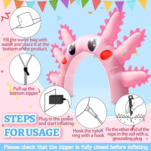 10x16FT Axolotl Inflatable Arch, Giant Pink Axolotl Birthday Party Backdrop Outdoor Yard Cartoon Archway Blow-Up Decoration with 1Blower 3Banners for Summer Beach Pool Party Supplies - Image 3