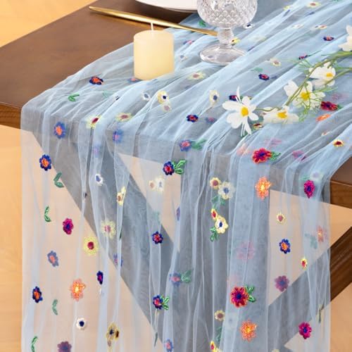 Flower Table Runner Fall Daisy Floral Tulle Cheesecloth Wedding Decor by Socomi