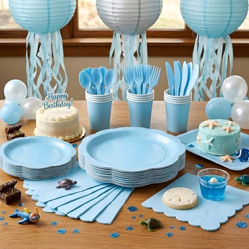 350 Pcs Blue Paper Plates and Napkins Party Supplies for 50 Guests, Food-Grade Thickened Disposable Tableware Set with Cutlerys, 7'' & 9'' Decagonal Plates for Boy Baby Shower Birthday Party - Image 3
