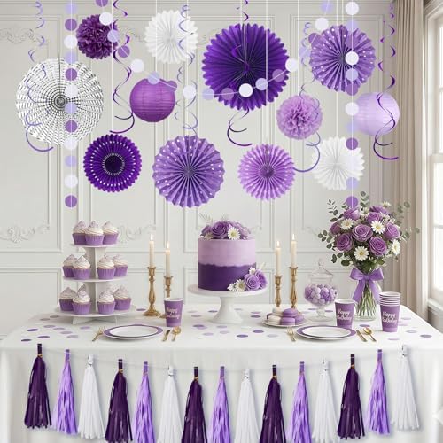Meiduo 34 Pcs Purple Party Decorations, Paper Fans, Lanterns, Pom Poms Set - Image 6