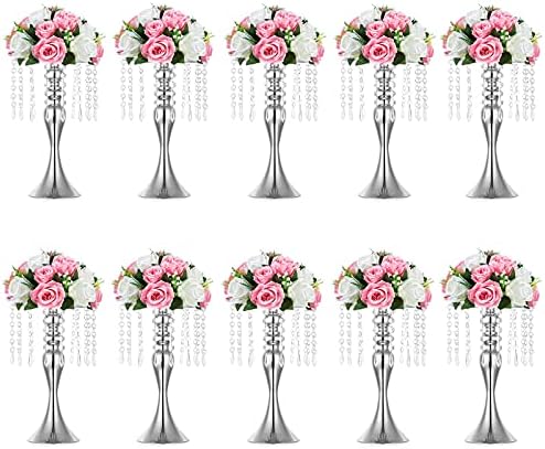 Sziqiqi Silver Floral Centerpiece Riser with Crystal Beads, 10Pcs, 13.8in by SZIQIQI