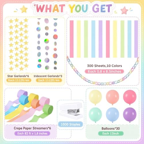 360 Pcs Birthday Party Decorations, 300 Sheets Paper Chain Strips 492ft Crepe Paper Streamers, Star Circle Foil Fringe Garland, Burlap Triangle Banners, Balloons, Honeycomb Balls, Banner - Image 2