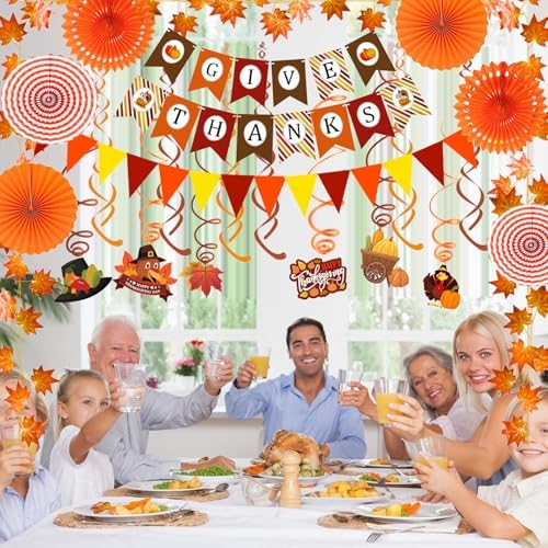 Fecedy Give Thanks Pumpkin Maple leaf Paper Banner Triangle Flag Bunting Maple Leaf Hanging Garland Paper Fan Flower Swirl Streamers for Thanksgiving Day Party Decoration - Image 4