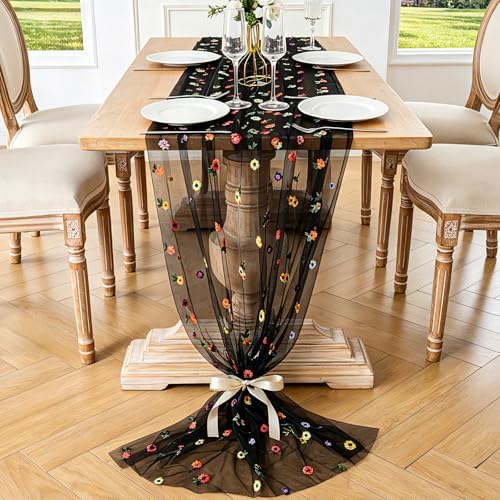 BINBE 1pcs Black Daisy Spring Table Runner Embroidery Gauze 10FT Florals Seasonal Tulle Holiday Birthday Kitchen Dining Table Decor for Home Party - Image 2