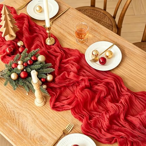 Red Cheesecloth Table Runner, 10FT Rustic Christmas Red Boho Gauze Table Runner for Christmas Wedding Bridal Shower Baby Shower Birthday Tea Party Decorations - Image 2