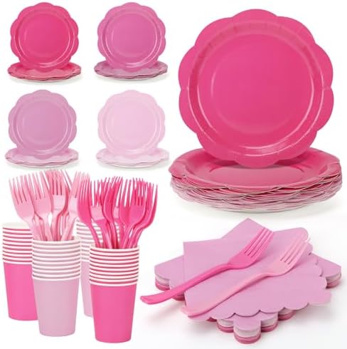 Pink Plates and Napkins Party Supplies, 9’’Disposable Pink Paper Plate, Gradient Pink Party Decorations Tableware Set for Birthday, Baby Shower, Wedding, Serves 48 by CENLBJ