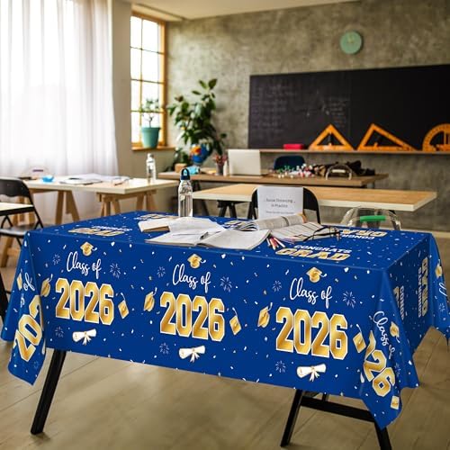 QZYL 4 Pack Graduation Decorations 2026, 54" x 108" Blue and Gold Disposable Graduation Table Cloths, Grad Party Decorations for Class of 2026, Rectangle Plastic Tablecover for College Congrats Grad - Image 6