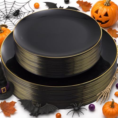 KIRE 60PCS Black Plastic Plates - Black Disposable Plates with Gold Rim - Include 30Pcs 10.25inch for Dinner and 30Pcs 7.5inch for Dessert for Wedding/Graduation/Party/Halloween/New Year by KIRE