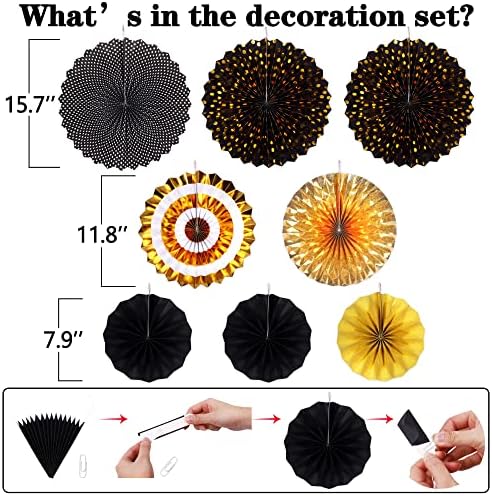 Moon Boat 35PCS Party Decorations Paper Fan Hanging Set - Birthday,Graduation,Baby Shower,Wedding,Retirement,Black and Gold Decor（Black） - Image 3