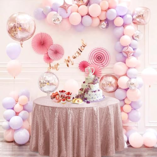 Pufogu 120" Round Rose Gold Sequin Tablecloth Glitter White Table Cloths for Birthday Wedding Bridal Baby Shower Party Decorations - Image 6