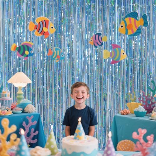 Light Blue Metallic Streamer Backdrop with Glitter Tinsel,3.28 x 6.56ft Foil Fringe Curtains for Gender Reveal & Ocean Theme Wall Hanging Party Supplies, Birthday/Wedding/Photoshoot - Image 2