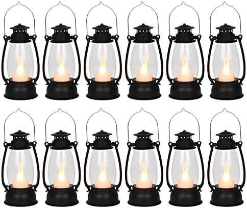 12Pcs Mini Lantern for Cowboy Halloween Christmas Wedding, Black 6" Candle Lantern with Flickering LED for Camping Western Party Decorations, Table Centerpiece, Hanging Lamp Ornaments Bulk by ReperlaSpecialMiniSmallLanternDecoration