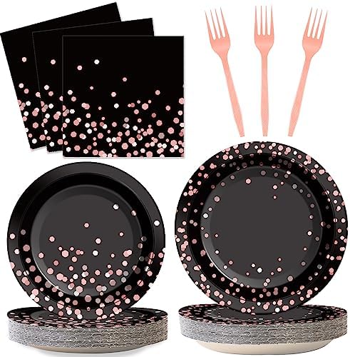 96PCS Black and Rose Gold Party Supplies Rose Gold Paper Plates Napkins Women Birthday Decorations Party Tableware Set Black Disposable Paper Plates Table Decors for Wedding Bridal Shower Serve 24 by Wiooffen