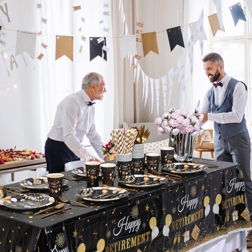 Funnymoom 452 Pcs Happy Retirement Party Decorations Men for 50 Guests, Black Gold Retirement Paper Plates and Napkins Cups Tablecloth Cutlery Straws Disposable Tableware Party Supplies for Men Women - Image 5