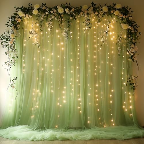 Tulle Curtain Backdrop with 300 LED Fairy Lights for Parites Wrinkle-Free Sheer Curtain Drapes Photo Back Drop for Wedding Baby Shower Bridal Shower Birthday Home Décor - 10ft×10ft, Sage Green by HOLITS