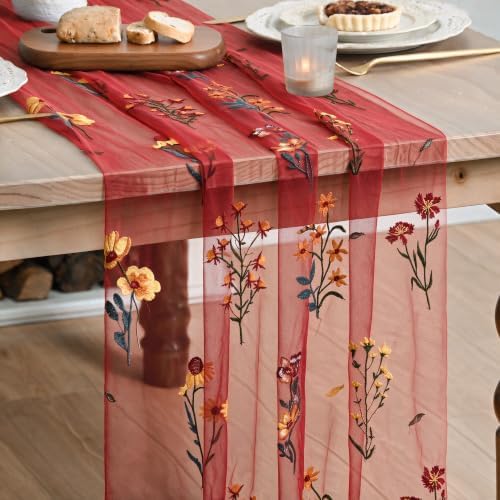 Artoid Mode Wildflower Red Gauze Embroidery Table Runner 120 Inch 10FT by ArtoidMode