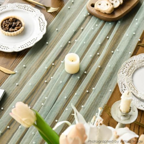 Artoid Mode 10-Pack Pearl Sage Green Gauze Table Runner 10FT Home Decor - Image 4