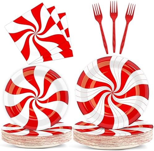 100Pcs Christmas Peppermint Paper Plates and Napkins Party Supplies Candy Cane Party Tableware Set Red and White Striped Christmas Winter Party Decor Favors for Holiday Xmas Theme Party Serves 25 by Qyeahkj
