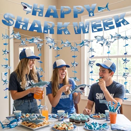 Happy Shark Week Decorations, 15PCS Shark Birthday Party Banners with Hanging Swirls Decorations, Ocean Nautical Fish Hanging Garland Banners Decor - Image 5
