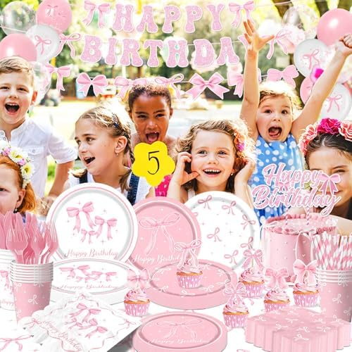 Pink Bow Birthday Party Supplies Serve 24, Coquette Birthday Decorations Include Bow Plates Napkins Cups Banner Tablecloth Cake Topper Balloons Bow Theme Tableware for Girls Bachelorette Decor - Image 6