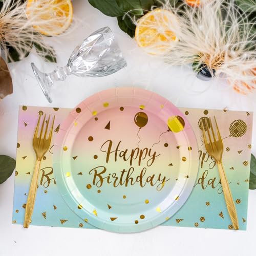 48PCS Happy Birthday Plates and Napkins Party Supplies, Colorful and Gold Disposable Paper Plates and Napkins with Forks Tableware Set for Birthday Party Decorations 16 Guests (Colorful) (Pack of 2) - Image 5