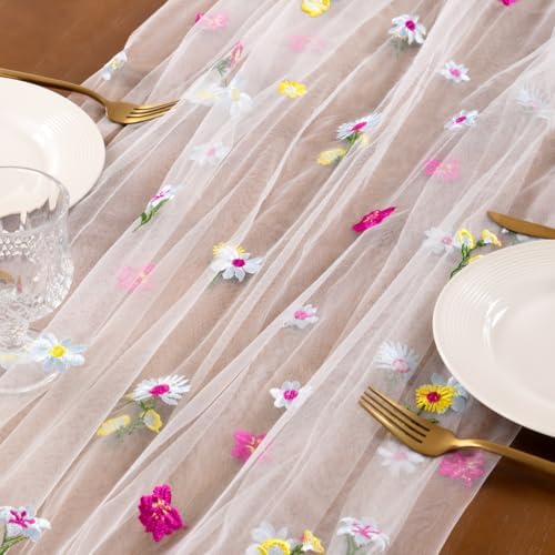 Flower Table Runner Fall Daisy Floral Tulle Cheesecloth Wedding Decor - Image 5