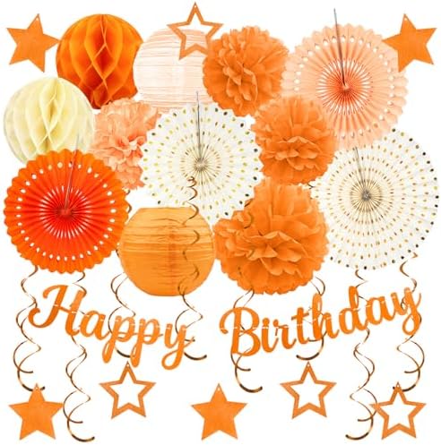 Orange Birthday Party-Decorations - 29pcs Orange Beige FAL Boho Party Decorations for Women Girls, Autumn Sweet Peach Thanksgiving Decorations Happy Birthday Banner Paper Tissue Pom Poms - ZERODECO by ZERODECO