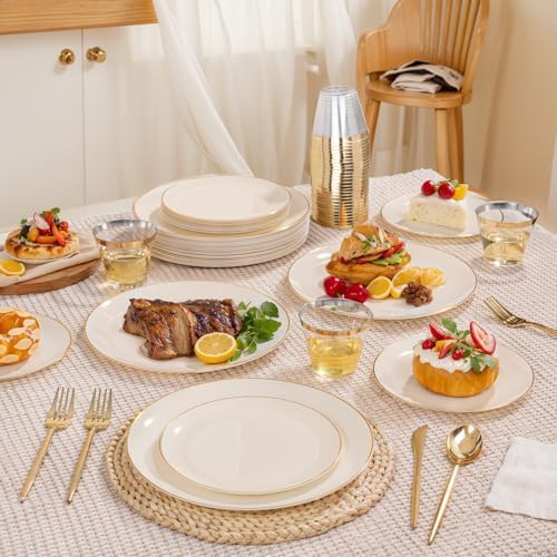 bUCLA 150PCS Ivory Plastic Plates - Heavy Duty Cream Disposable for Party, Thanksgiving, Fall Harvest & Autumn- Include 25 Each（Dinner & Dessert） Plates, 25 Knives, 25 Forks, 25 Spoons & 25 Cups - Image 5