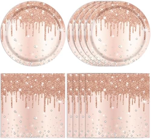 40PCS Rose Gold Happy Birthday Party Decorations , Rose Gold Diamond Theme Party Supplies Happy Birthday Tableware Includes Plates and Napkins for Women Girls‘13th 16th 18th 21st 30th by Actoridae